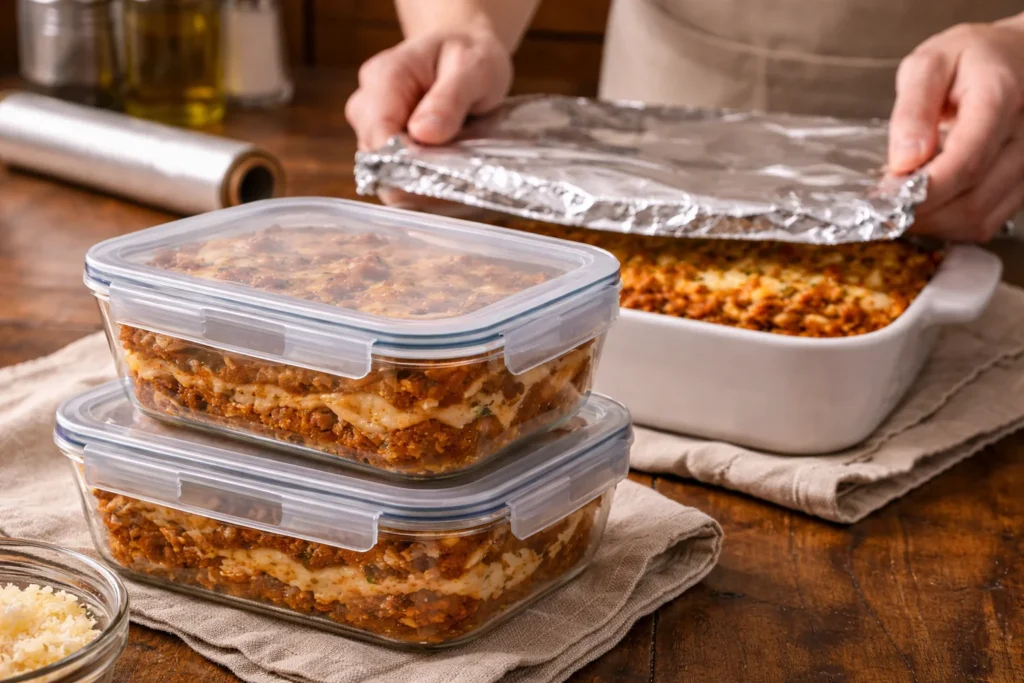 Storing leftovers of lazy lasagna in airtight containers.