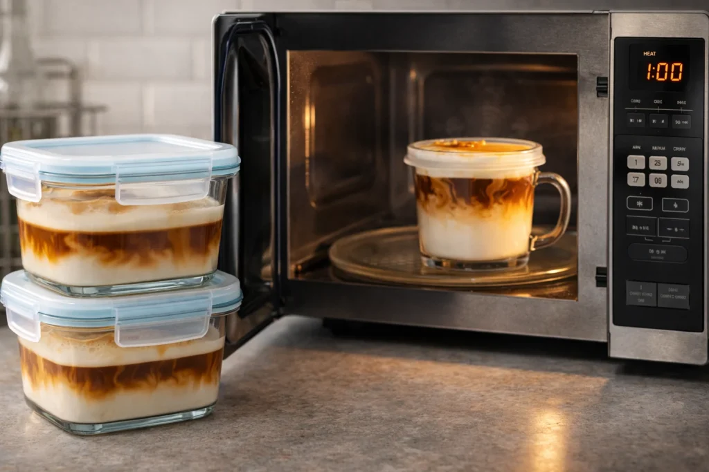 Storing and reheating leftover caramel macchiato.