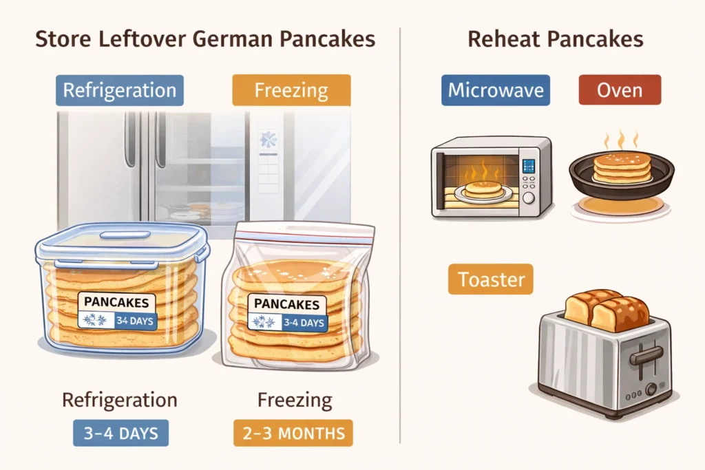 Storage and reheating instructions for leftover German pancakes.