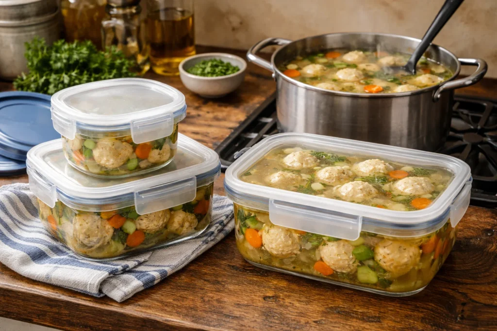 Storing and reheating matzo ball soup in airtight containers and on the stove.
