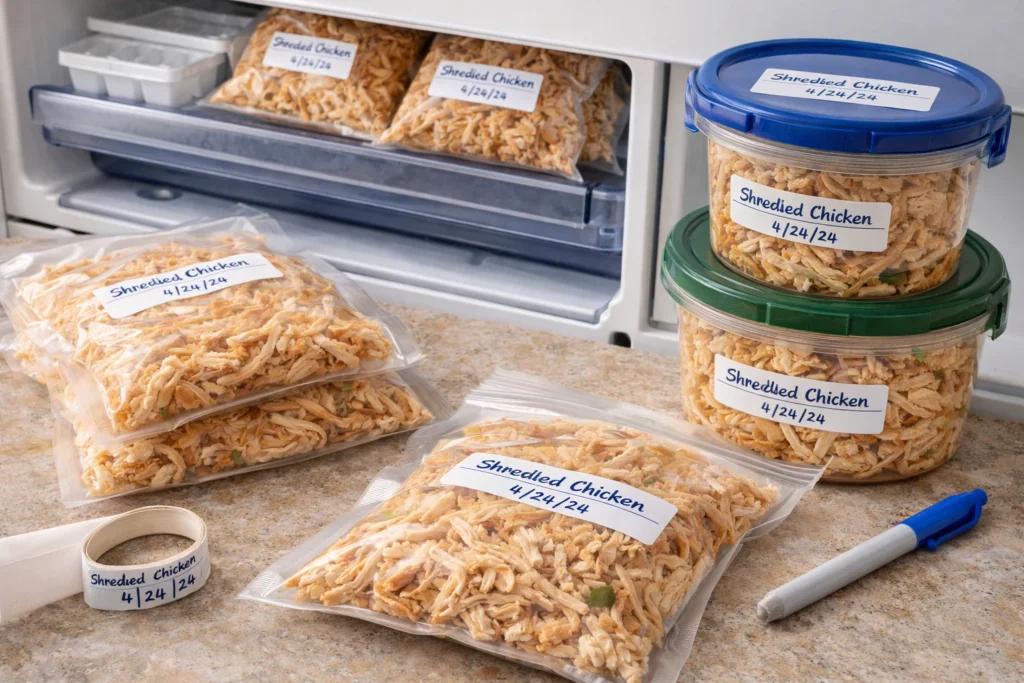 Proper storage methods for shredded chicken, including containers and labels.