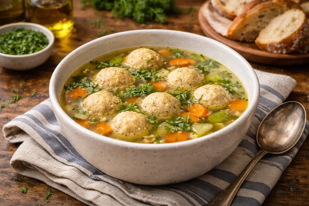A cozy bowl of matzo ball soup garnished with fresh dill, served with crusty bread on a rustic table.