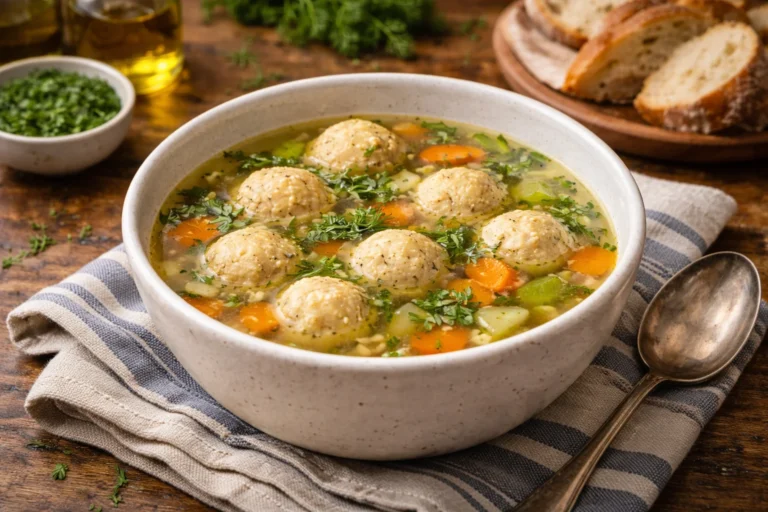 A cozy bowl of matzo ball soup garnished with fresh dill, served with crusty bread on a rustic table.