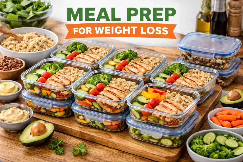 Neatly organized meal prep containers filled with healthy foods for weight loss.