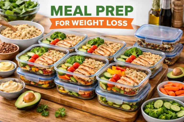 Neatly organized meal prep containers filled with healthy foods for weight loss.