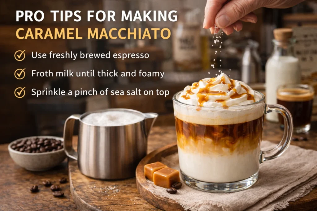 Pro tips for making caramel macchiato, including freshly brewed espresso and frothed milk.