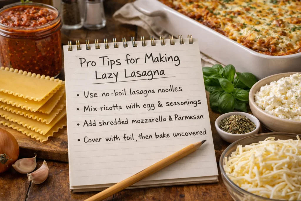 Pro tips for making lazy lasagna displayed on a notepad.