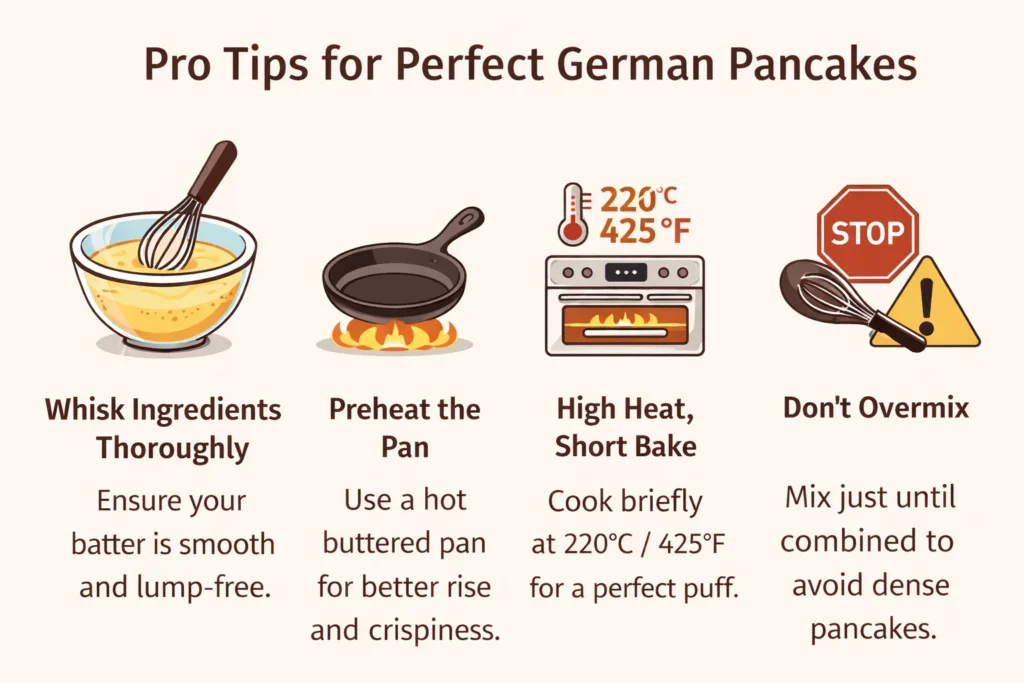 Pro tips for making German pancakes, including using a blender and experimenting with toppings.