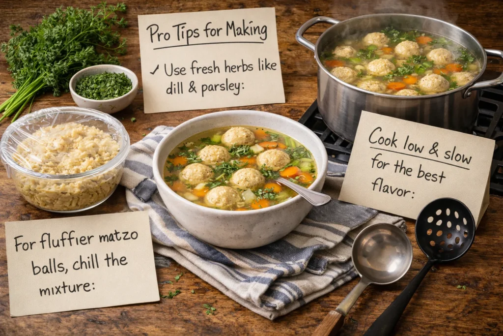 Pro tips for making matzo ball soup, including fresh herbs and cooking utensils.
