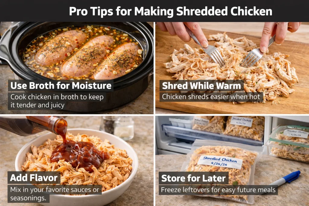 Pro tips for making shredded chicken, including cooking methods and storage advice.