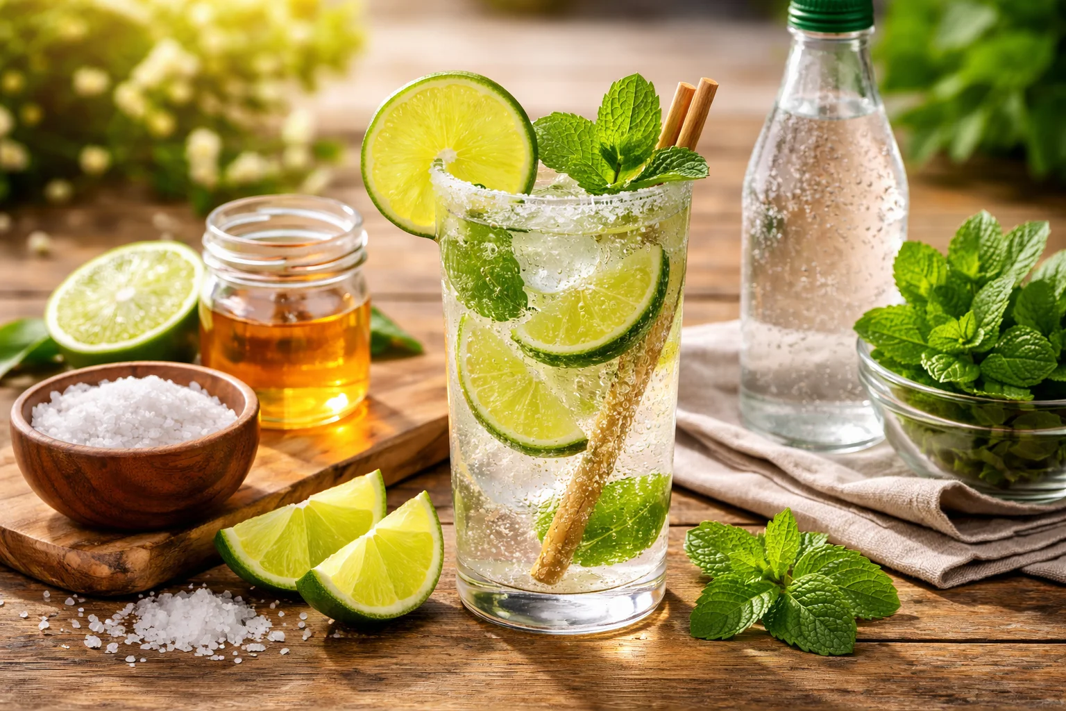 A beautifully presented Ranch Water mocktail in a rustic setting with ice, lime, and mint.
