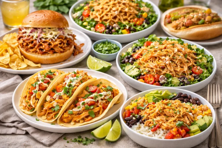 A variety of dishes featuring shredded chicken, including tacos, salads, and sandwiches.