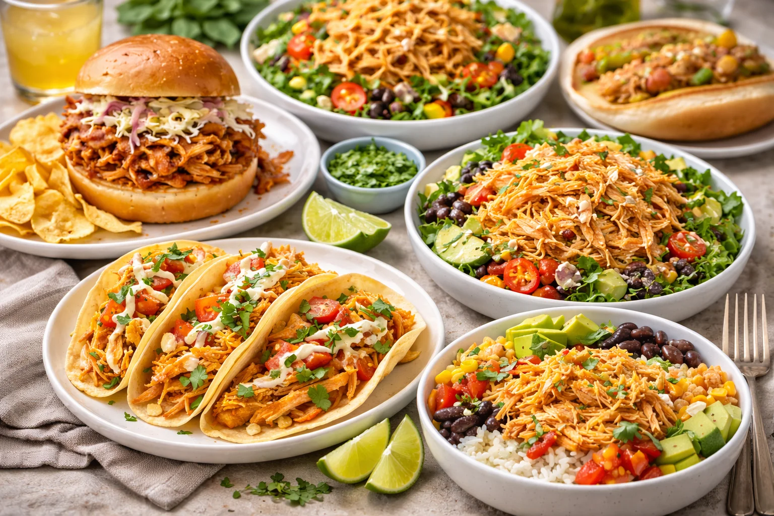 A variety of dishes featuring shredded chicken, including tacos, salads, and sandwiches.