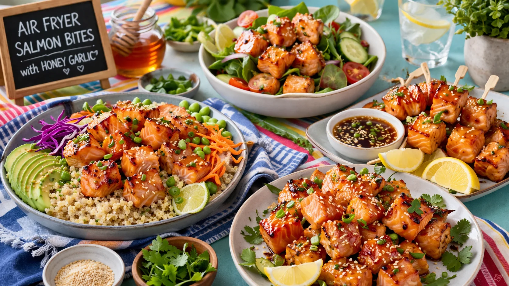 Serving suggestions for air fryer salmon bites with honey garlic.