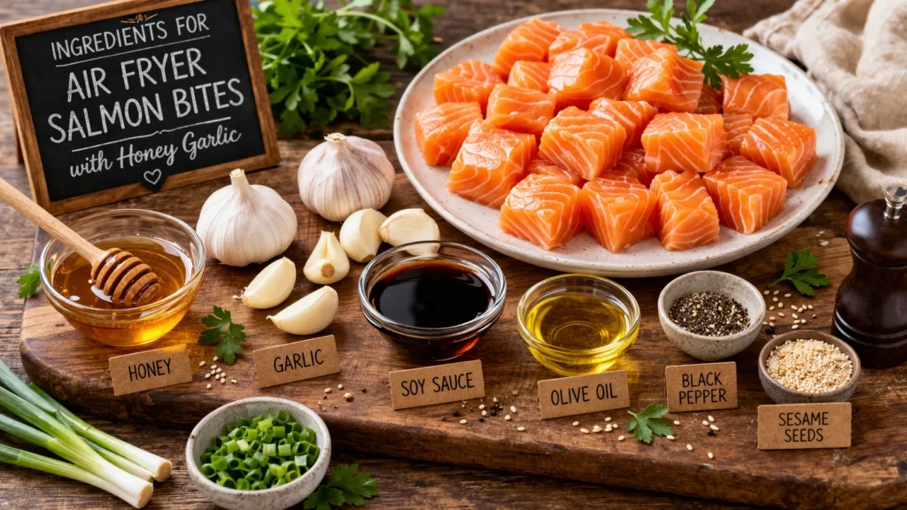Ingredients for air fryer salmon bites with honey garlic displayed on a wooden cutting board.