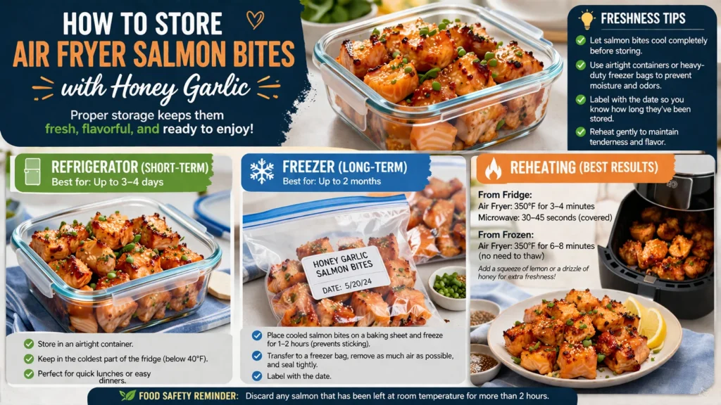Proper storage methods for air fryer salmon bites with honey garlic.