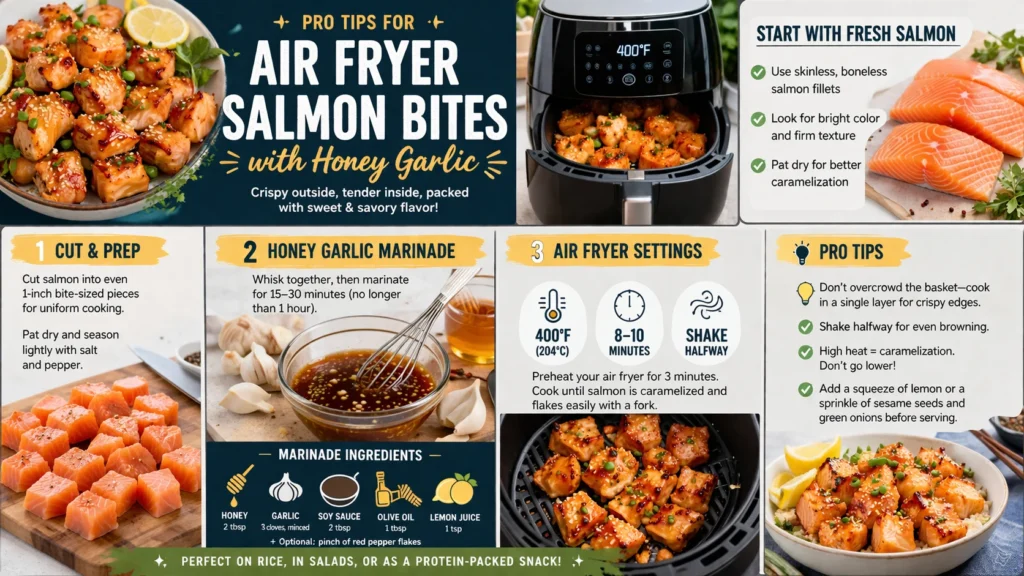 Pro tips for making air fryer salmon bites with honey garlic.